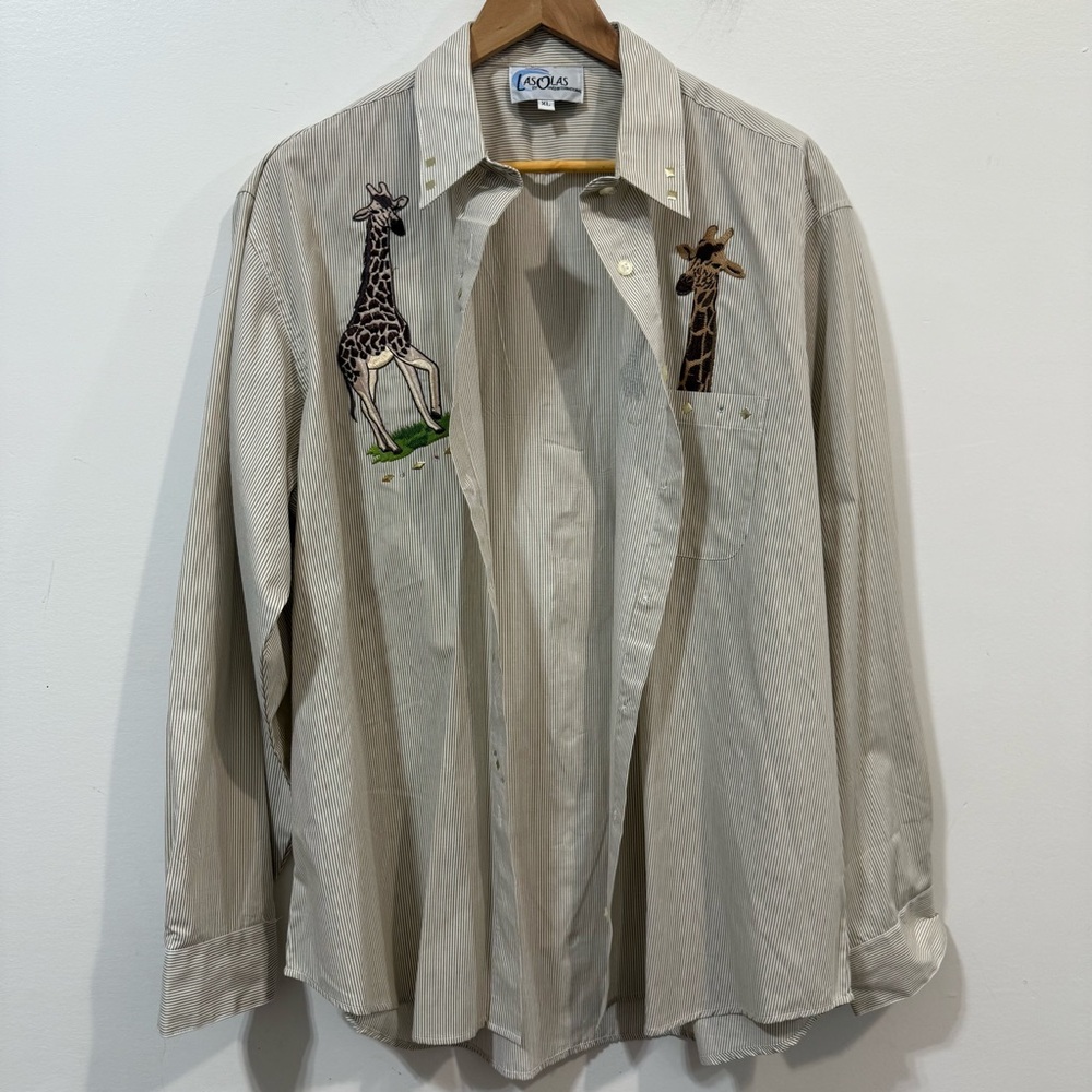 Las Olas Embroidered Giraffes Pinstripe Safari Zoo Beige Striped Shirt Size XL